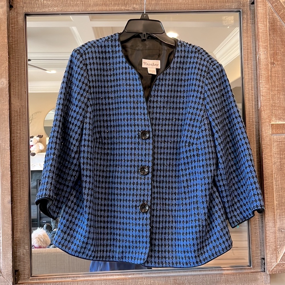 Vintage Blue Blazer Shimmery Suit Jacket Tan Jay Womens 10 Grandma